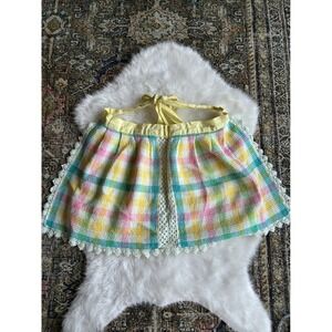 Vintage‎ Pastel Plaid Half Apron Crochet Lace Trim Tie Back Kitchen Cute